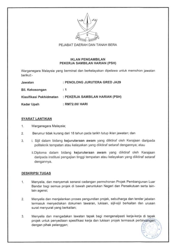 Iklan Jawatan Pejabat Daerah Tanah Bera Jobs Hub