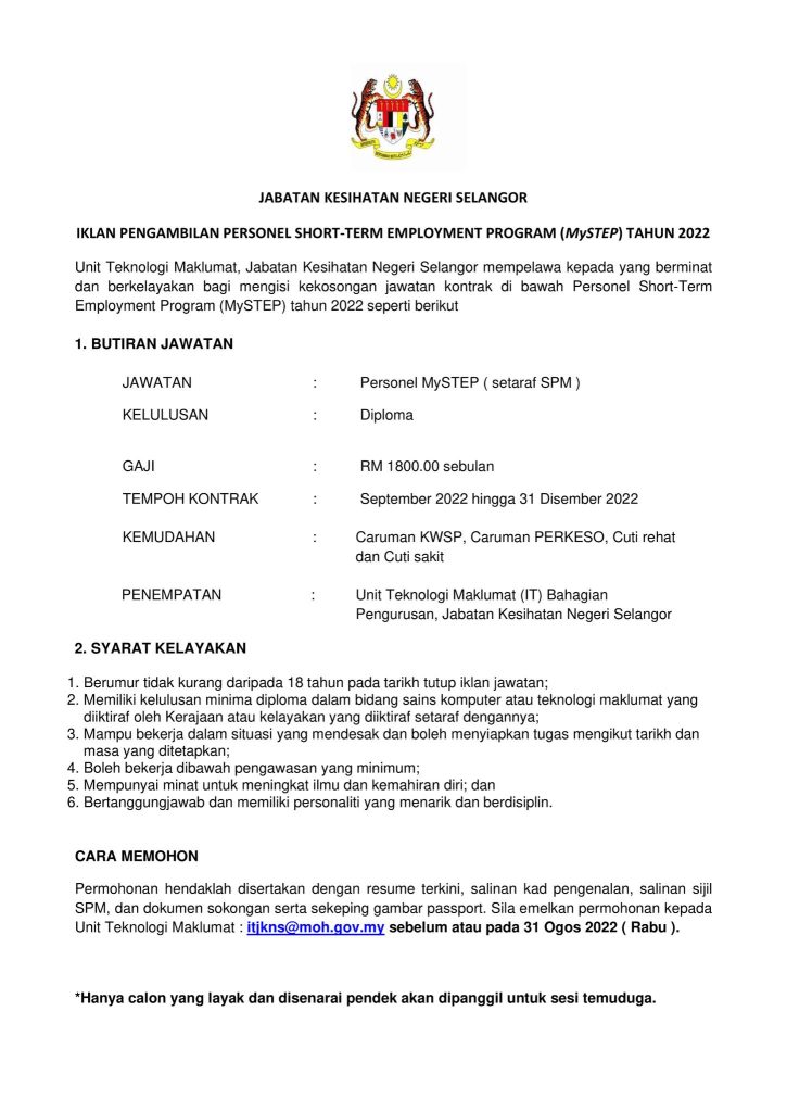 Iklan Jawatan Jabatan Kesihatan Negeri Selangor Jobs Hub