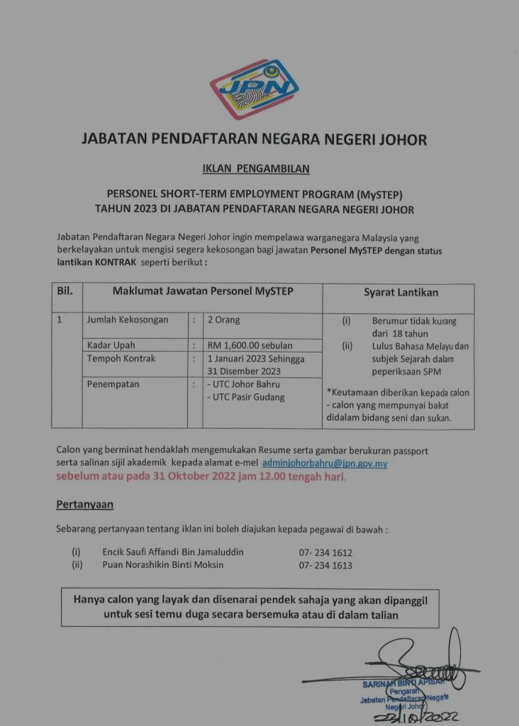 Iklan Jawatan Jabatan Pendaftaran Negara Negeri Johor Jobs Hub