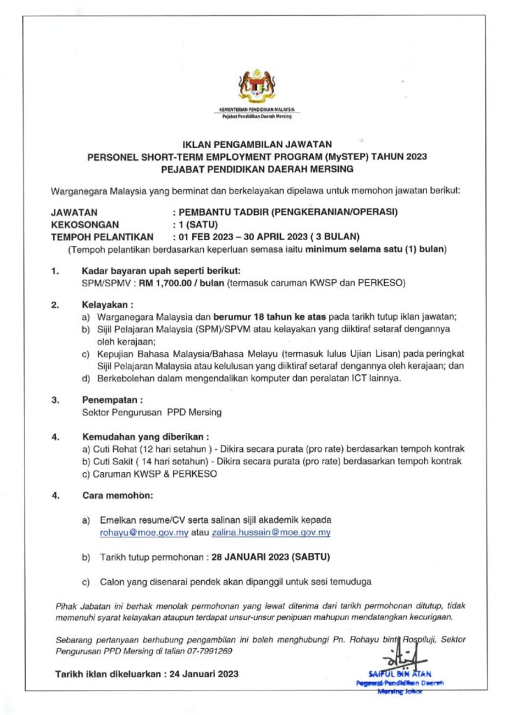 Iklan Jawatan Pejabat Pendidikan Daerah Mersing Jobs Hub