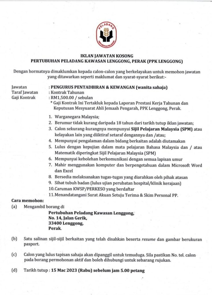 Iklan Jawatan Pertubuhan Peladang Kawasan Lenggong Jobs Hub