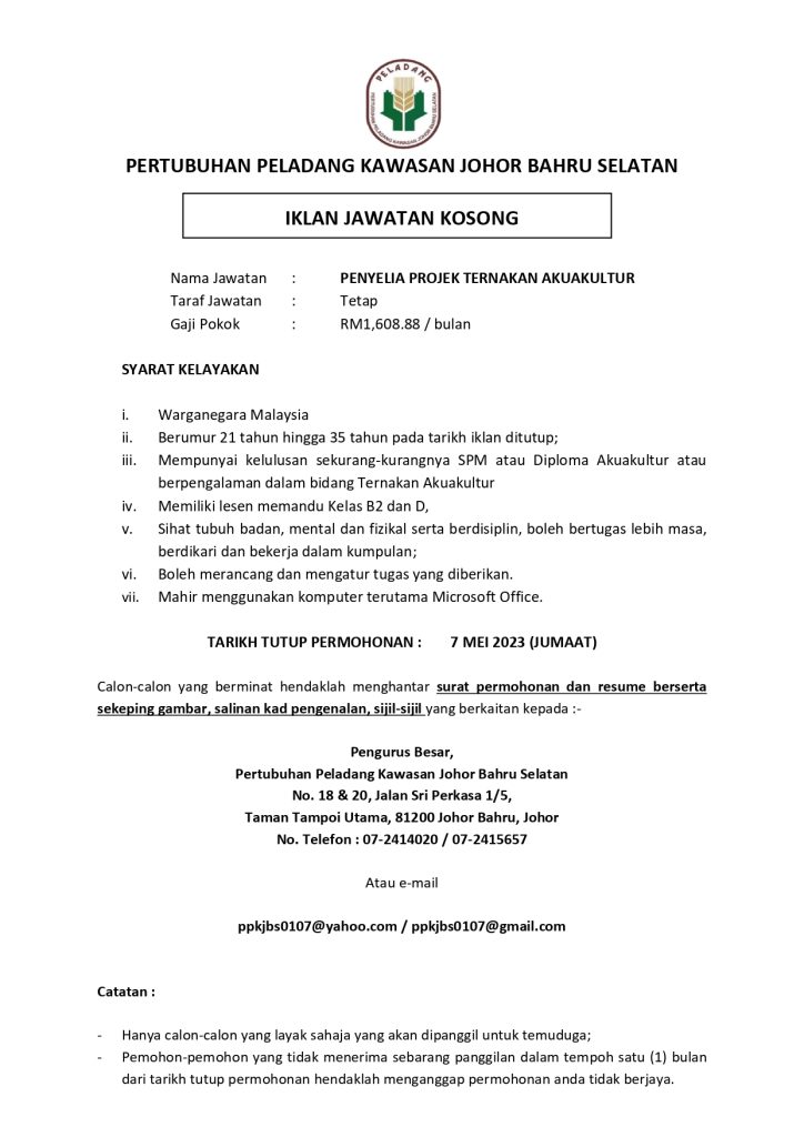 Iklan Jawatan Pertubuhan Peladang Kawasan Johor Bahru Selatan Jobs Hub