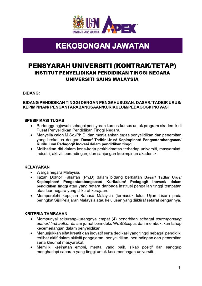 Iklan Jawatan Institut Penyelidikan Pendidkan Tinggi Negara Ipptn Usm