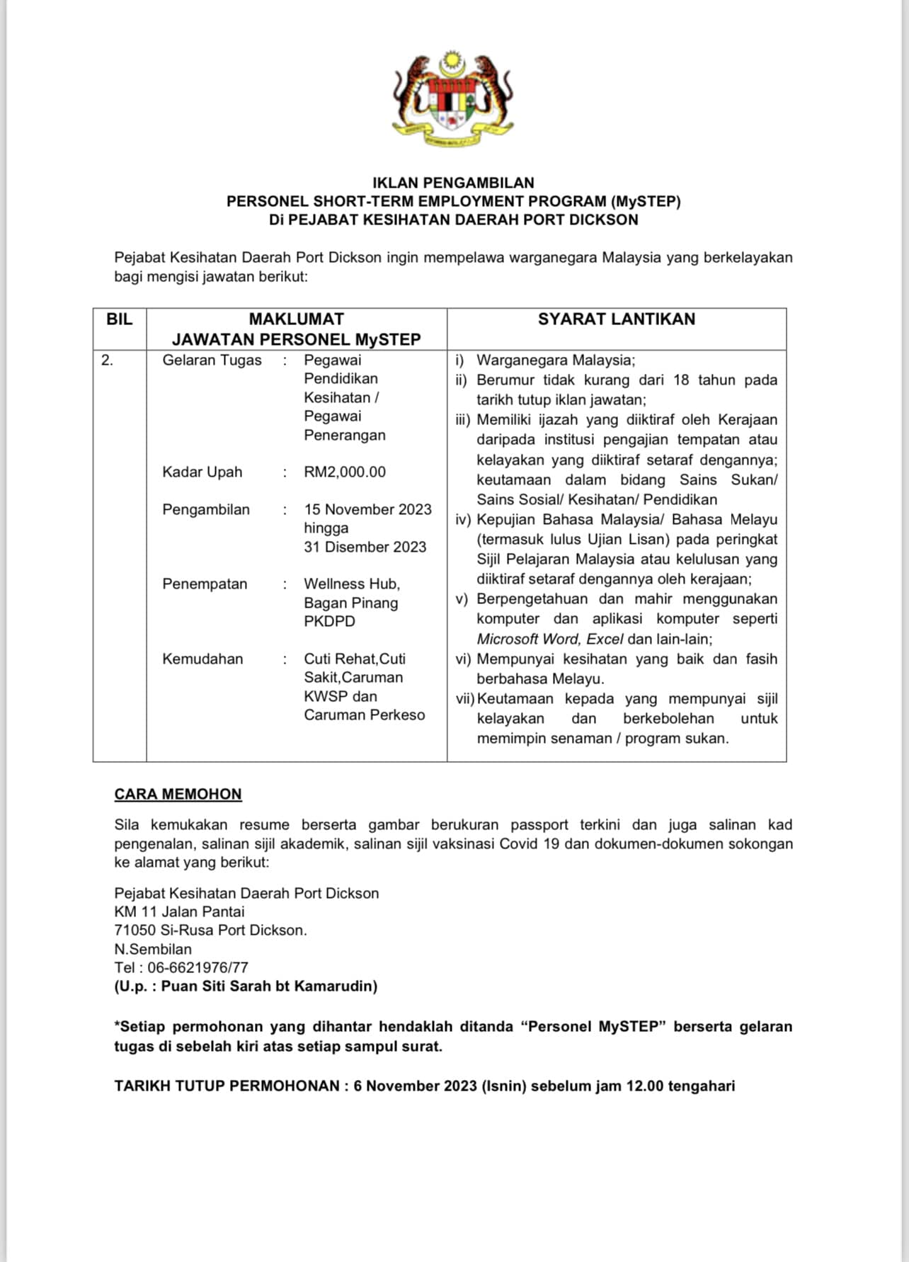 Iklan Jawatan Pejabat Kesihatan Daerah Port Dickson Jobs Hub