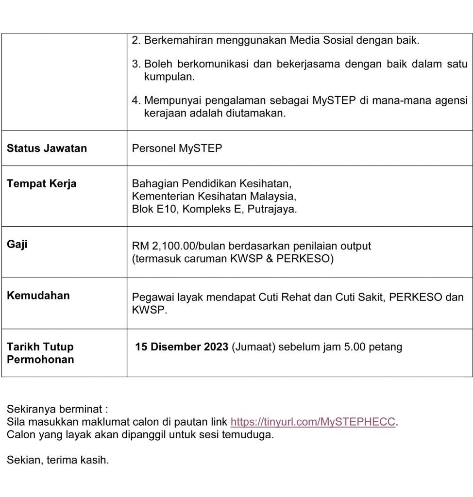 Iklan Jawatan Bahagian Pendidikan Kesihatan Kementerian Kesihatan