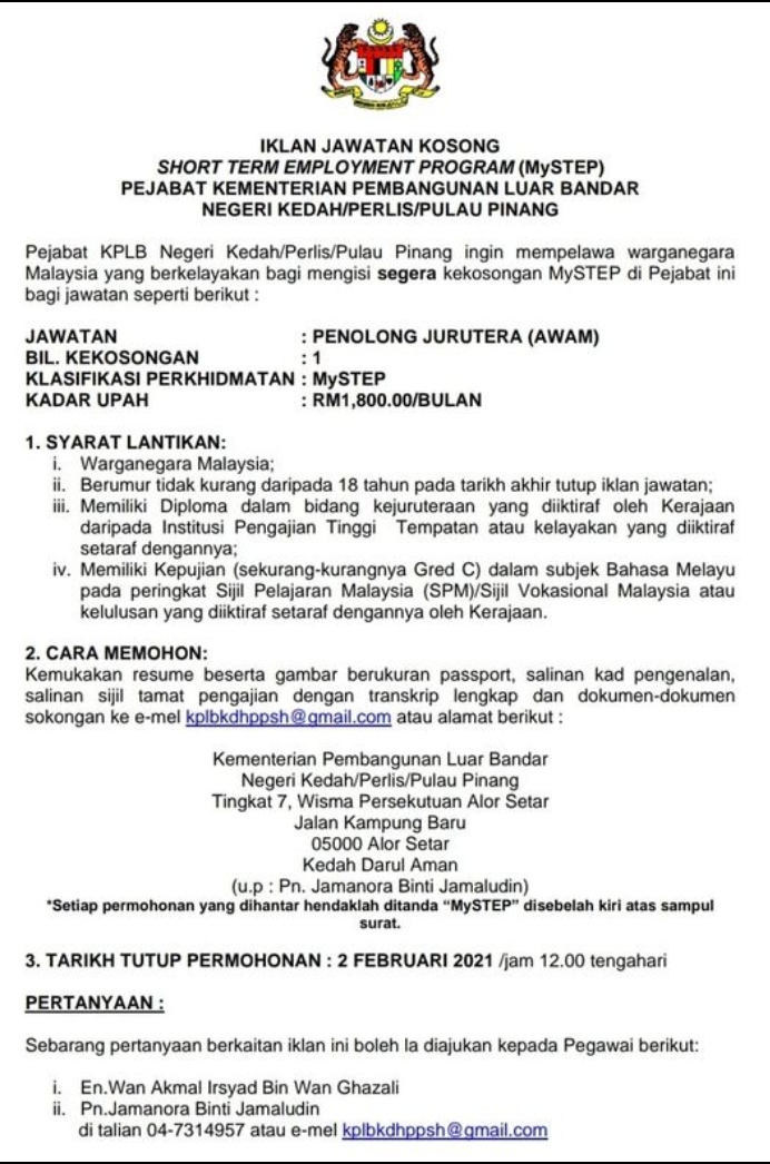 Iklan Jawatan Kementerian Pembangunan Luar Bandar Negeri Kedah Perlis Pulau Pinang Jobs Hub