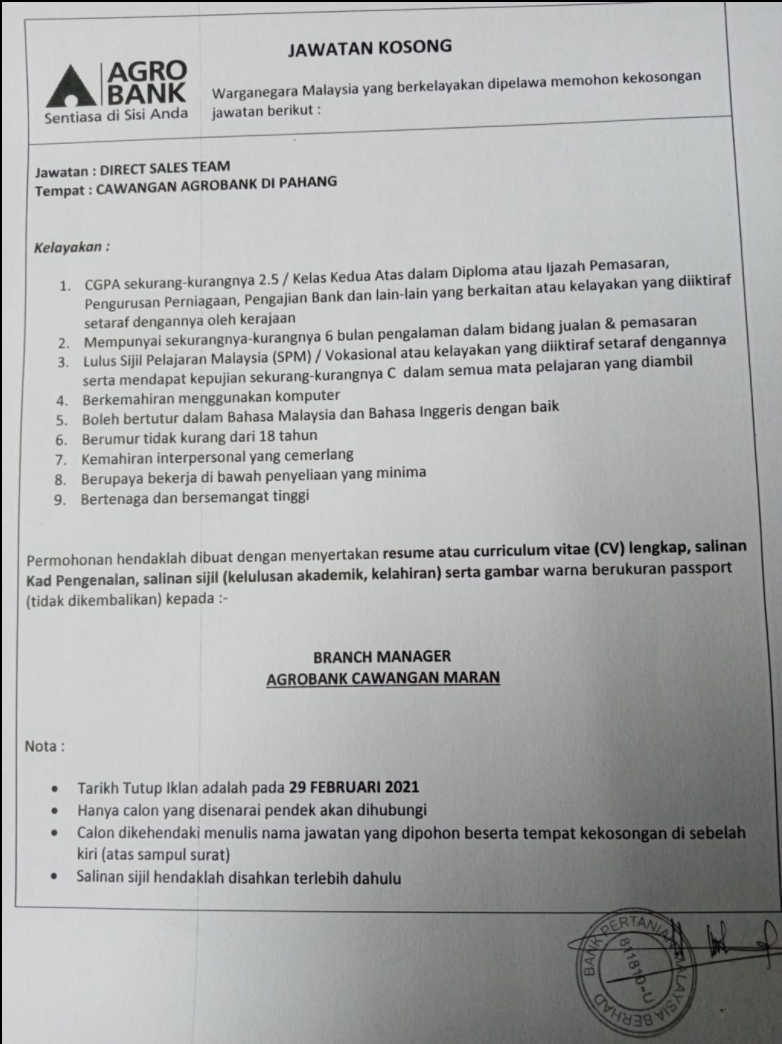 Iklan Jawatan Bank Pertanian Malaysia Berhad (Agrobank ...