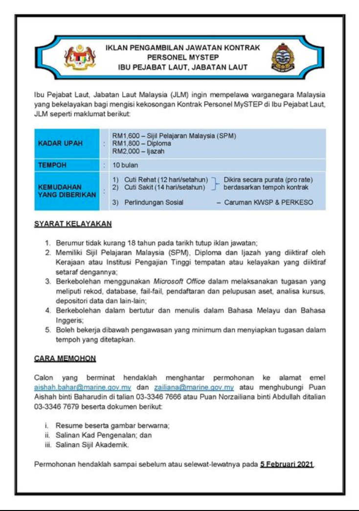 Iklan Jawatan Jabatan Laut Malaysia » Jobs Hub