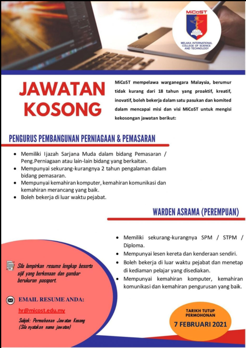 Iklan Jawatan Melaka International College Of Science And Technology Micost Jobs Hub