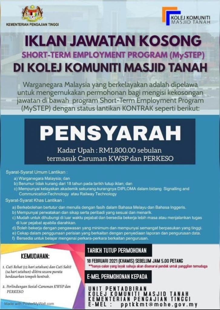 Iklan Jawatan Kolej Komuniti Masjid Tanah (KKMT) » Jobs Hub