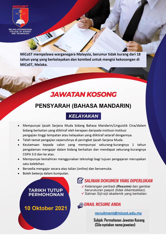 Iklan Jawatan Melaka International College of Science and Technology ...