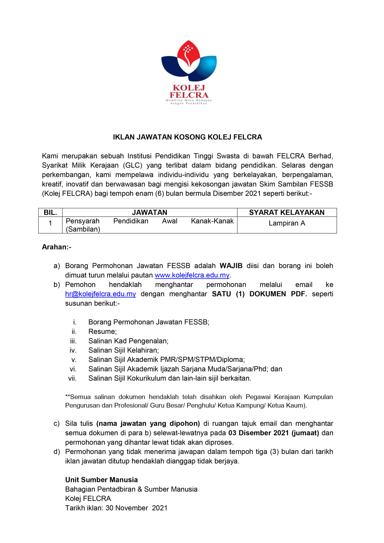 Iklan Jawatan Kolej FELCRA » Jobs Hub