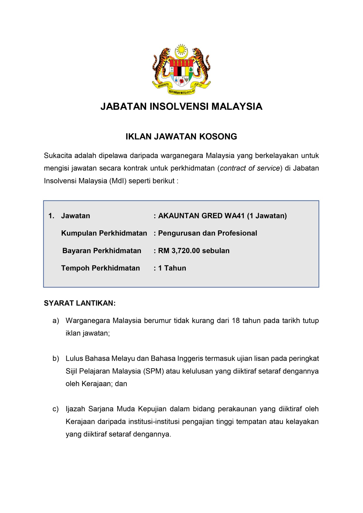 Iklan Jawatan Jabatan Insolvensi Malaysia » Jobs Hub