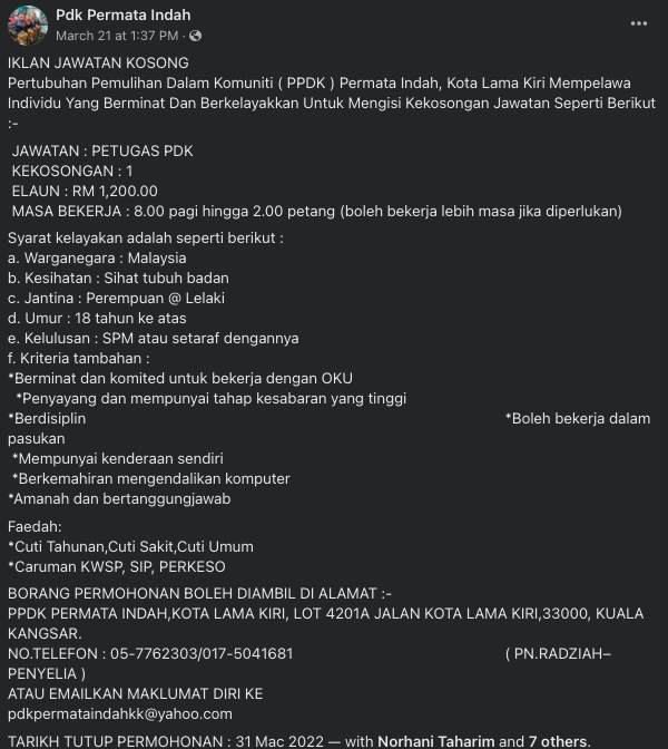 Jawatan Kosong Pertubuhan Pemulihan Dalam Komuniti (PPDK) Permata Indah, Kota Lama Kiri