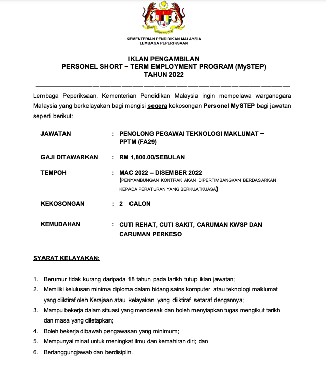 Jawatan Kosong Personel MySTEP Lembaga Peperiksaan Kementerian Pendidikan Malaysia