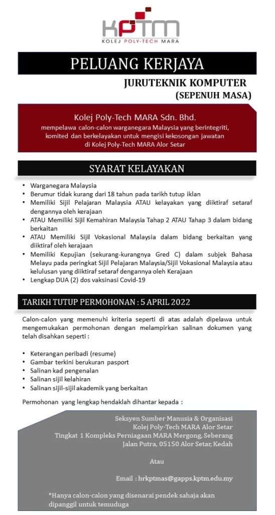 Iklan Jawatan Kosong Kolej PolyTech MARA » Jobs Hub