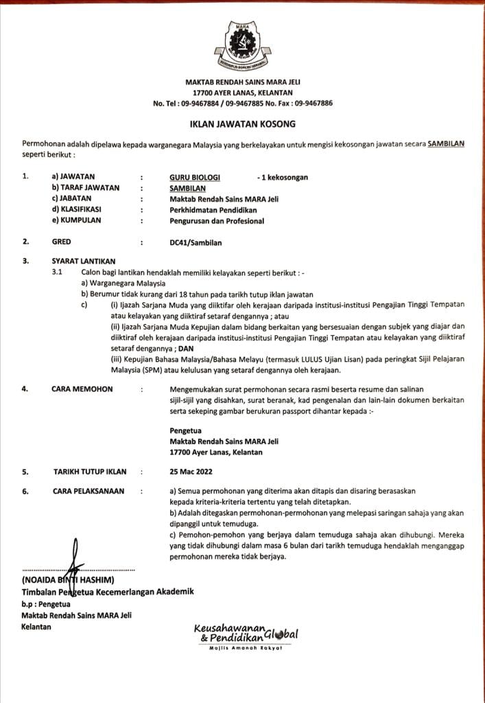 Jawatan Kosong Maktab Rendah Sains MARA Jeli