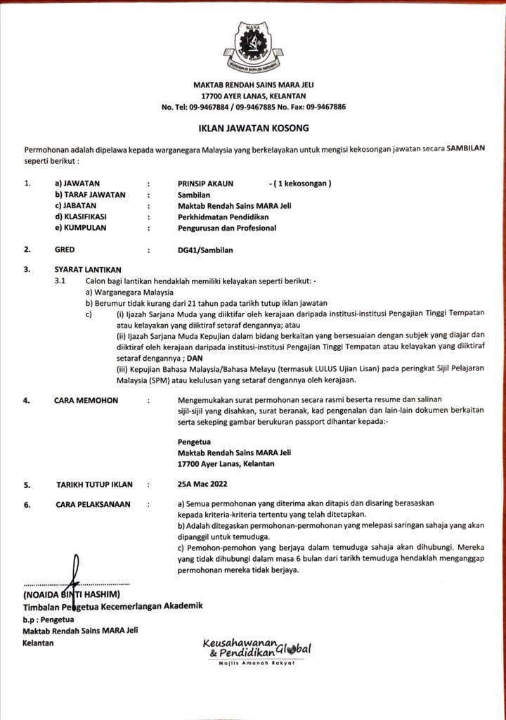 Jawatan Kosong Maktab Rendah Sains MARA Jeli