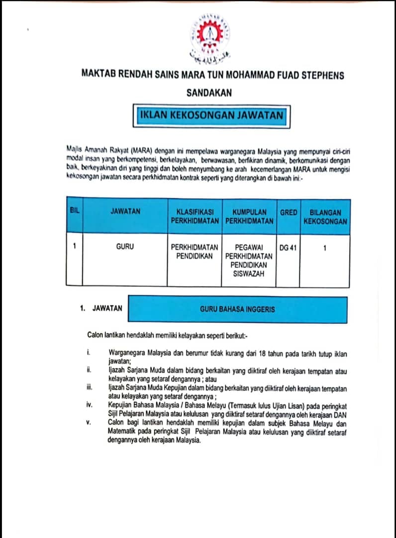 Jawatan Kosong Maktab Rendah Sains MARA Tun Mohammad Fuad Stephens