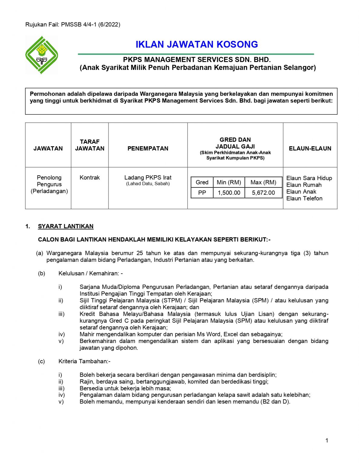 Jawatan Kosong Perbadanan Kemajuan Pertanian Selangor PKPS