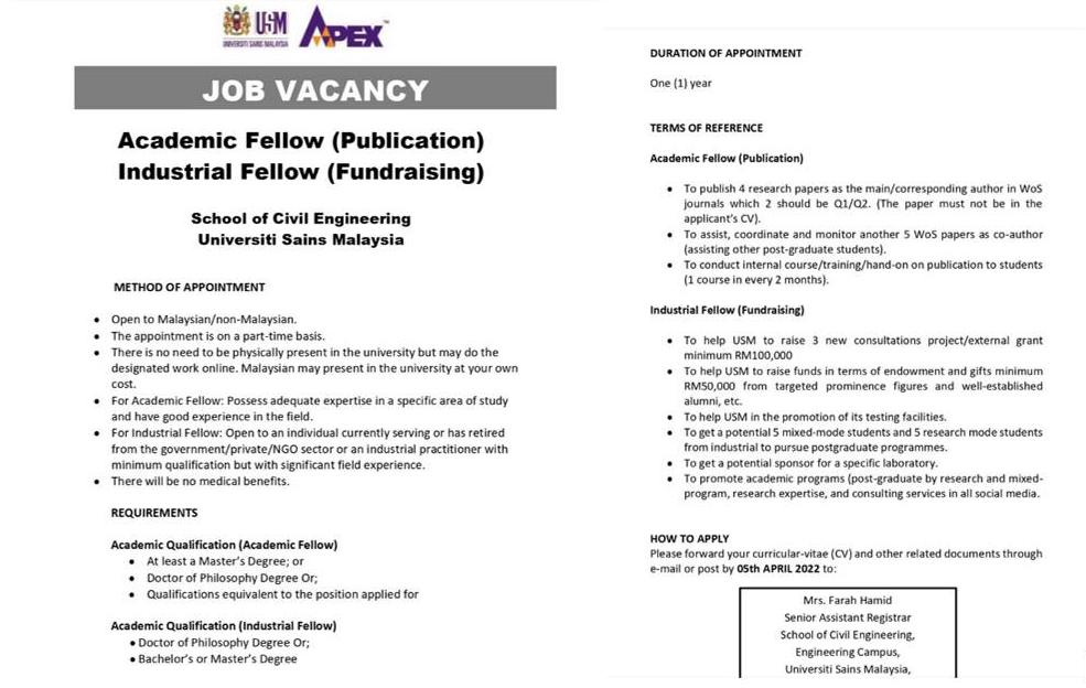 Jawatan Kosong Universiti Sains Malaysia (USM)