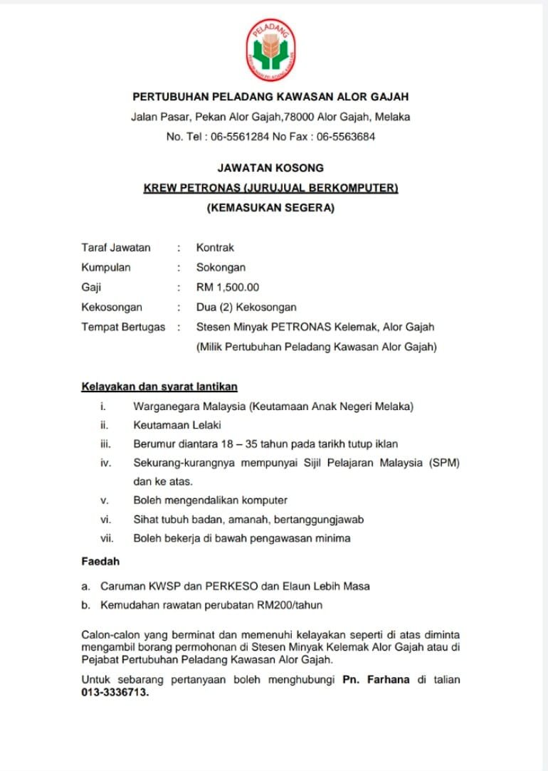 Iklan Jawatan Pertubuhan Peladang Kawasan Alor Gajah » Jobs Hub
