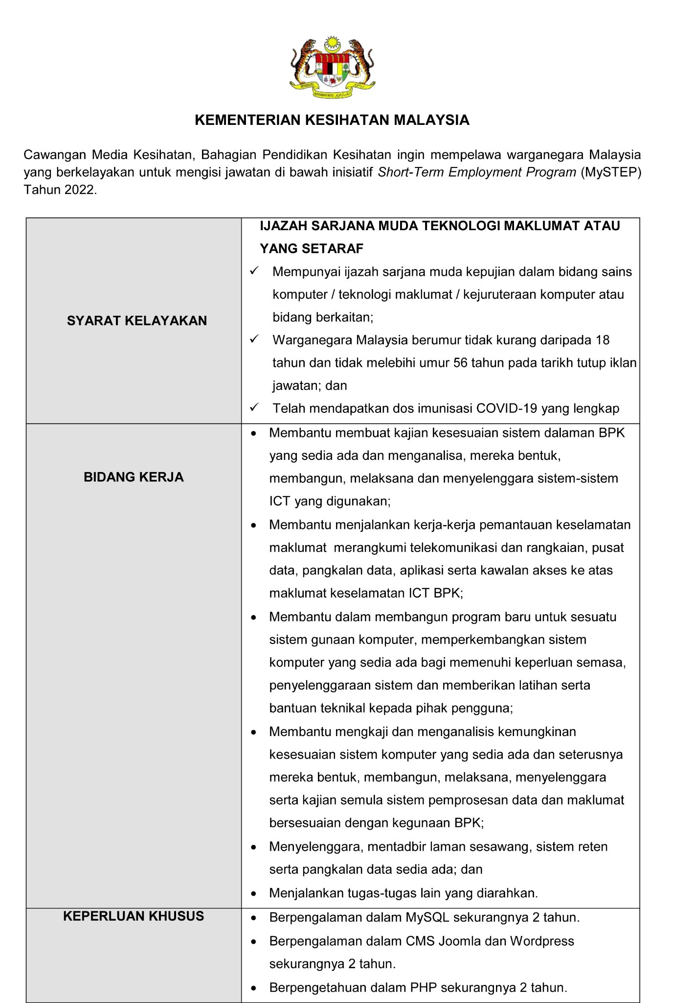 Iklan Jawatan Kementerian Kesihatan Malaysia (KKM) » Jobs Hub