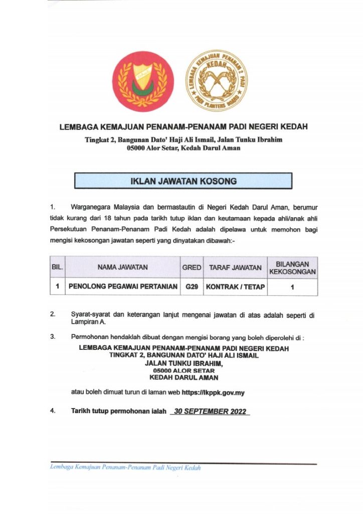 Iklan Jawatan Lembaga Kemajuan PenanamPenanam Padi Kedah » Jobs Hub