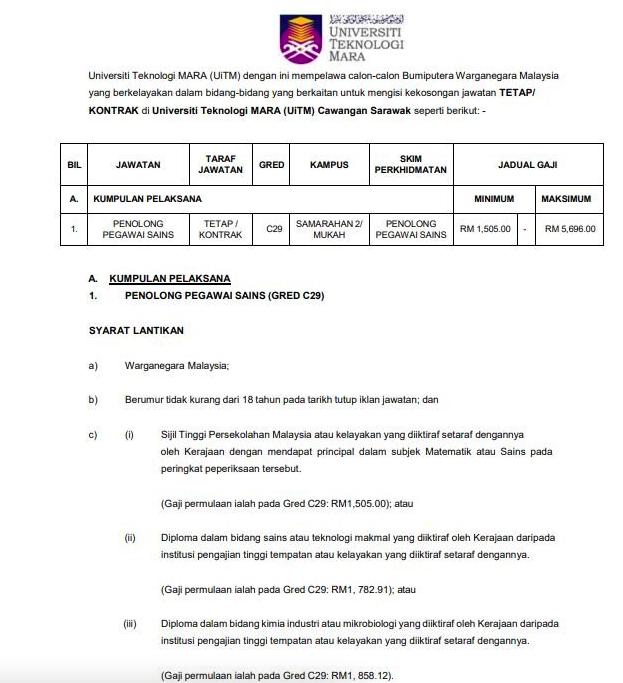 Jawatan Kosong Penolong Pegawai Sains ~ Universiti Teknologi Mara (UiTM) Sarawak