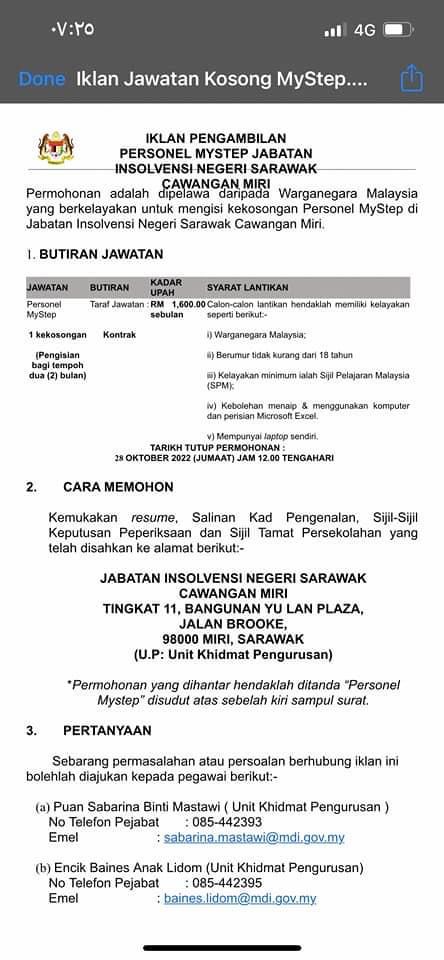 Iklan Jawatan Jabatan Insolvensi Negeri Sarawak » Jobs Hub