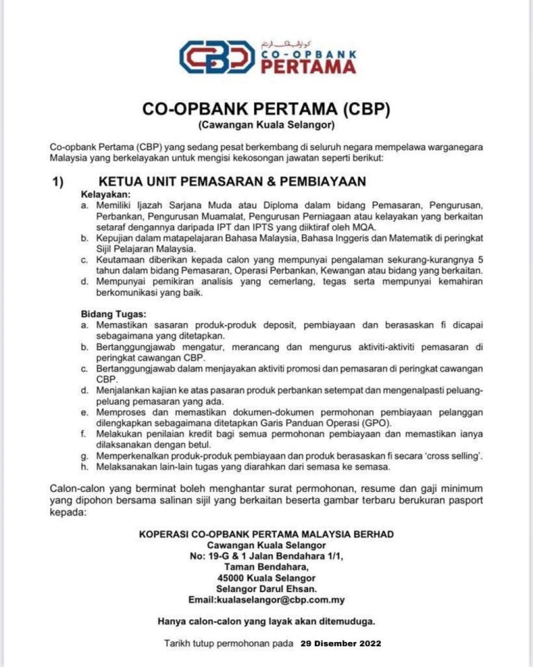 Iklan Jawatan Koperasi Co-opbank Pertama Malaysia Berhad » Jobs Hub