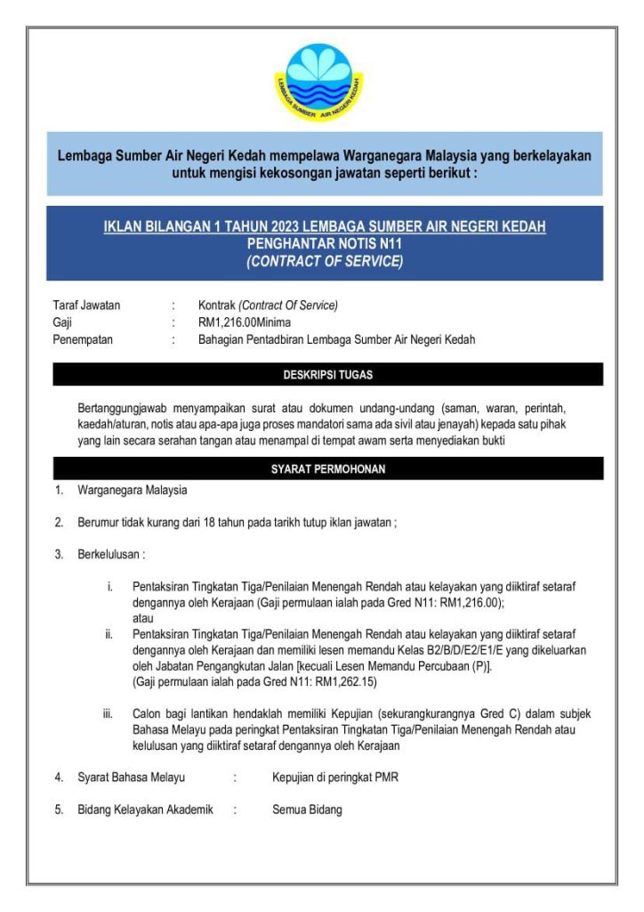 Iklan Jawatan Lembaga Sumber Air Negeri Kedah » Jobs Hub