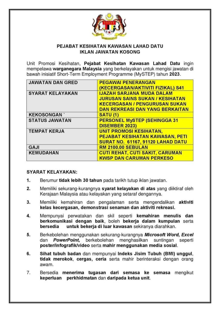 Iklan Jawatan Pejabat Kesihatan Kawasan Lahad Datu Jobs Hub