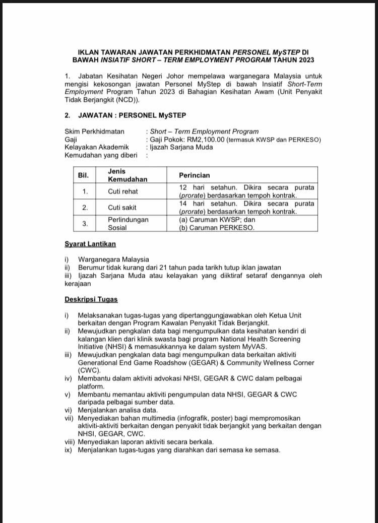 Iklan Jawatan Jabatan Kesihatan Negeri Johor » Jobs Hub