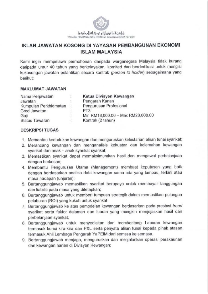 Iklan Jawatan Yayasan Pembangunan Ekonomi Islam Malaysia (YaPEIM ...