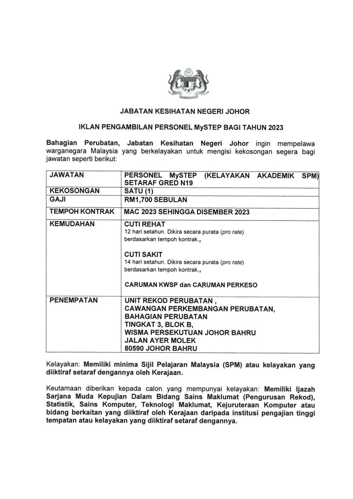 Iklan Jawatan Jabatan Kesihatan Negeri Johor Jobs Hub