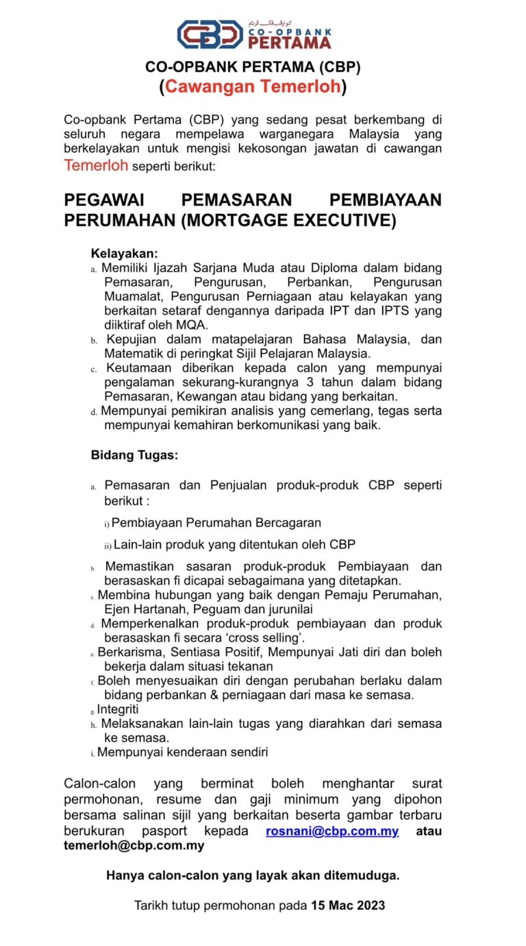 Iklan Jawatan Co-opbank Pertama Malaysia Berhad » Jobs Hub