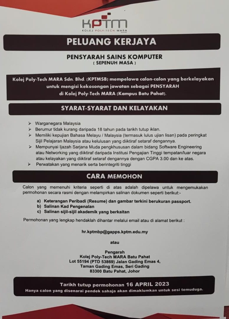 Iklan Jawatan Kolej Poly Tech Mara Kptm Jobs Hub