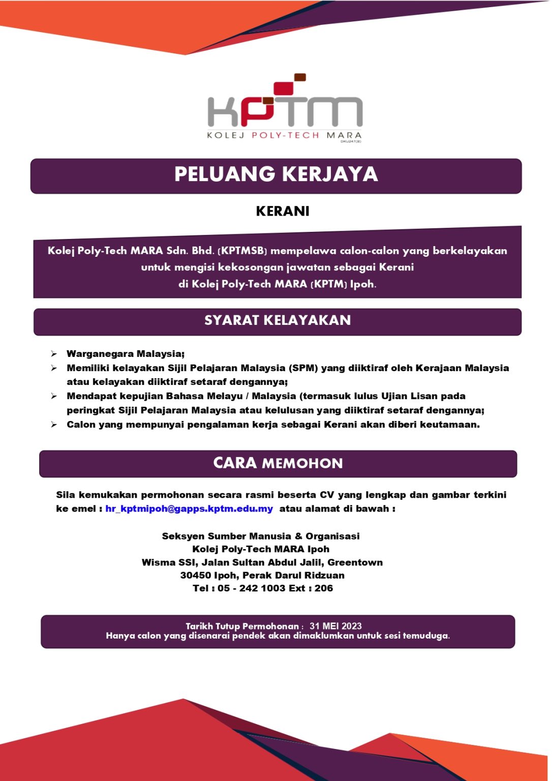 Iklan Jawatan Kolej Poly Tech Mara Kptm Jobs Hub