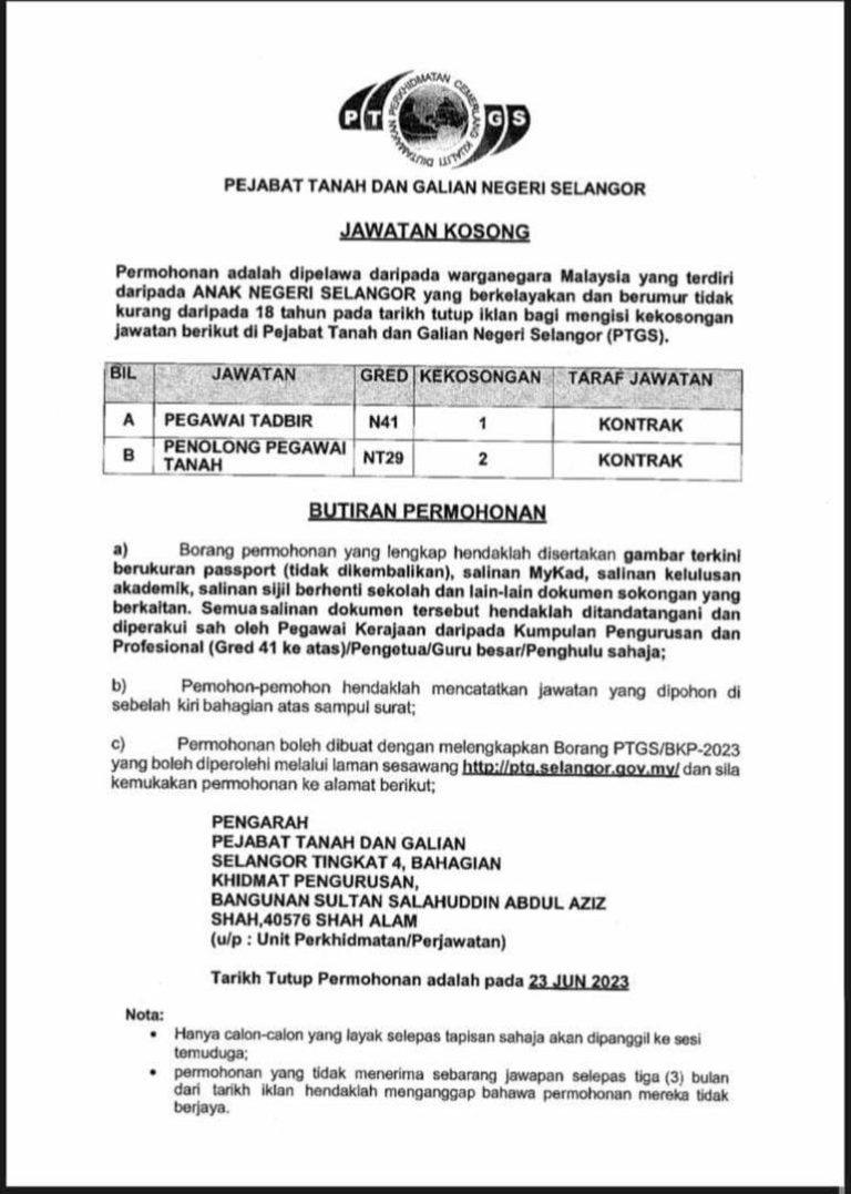 Iklan Jawatan Pejabat Tanah Dan Galian Negeri Selangor » Jobs Hub