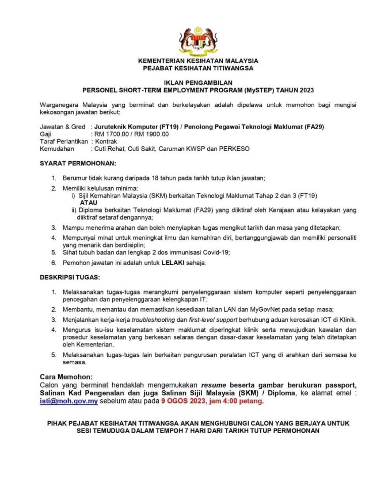 Iklan Jawatan Pejabat Kesihatan Titiwangsa Jobs Hub