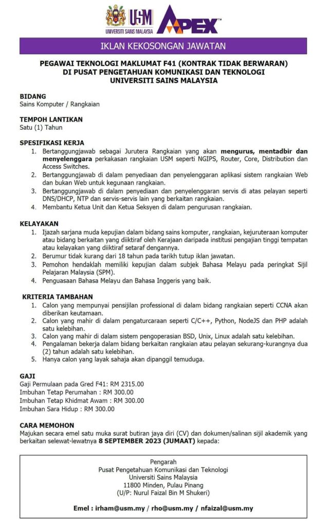 Iklan Jawatan Pusat Pengetahuan Komunikasi Teknologi Universiti Sains Malaysia Jobs Hub