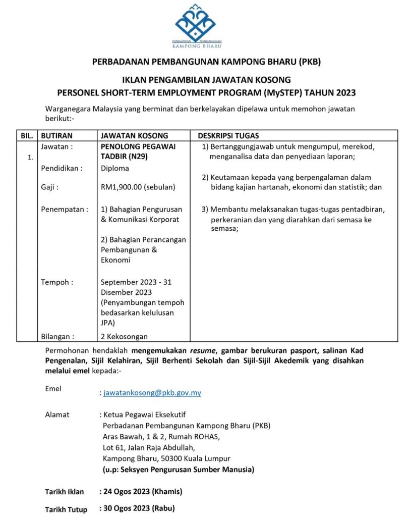 Iklan Jawatan Perbadanan Pembangunan Kampong Bharu Jobs Hub