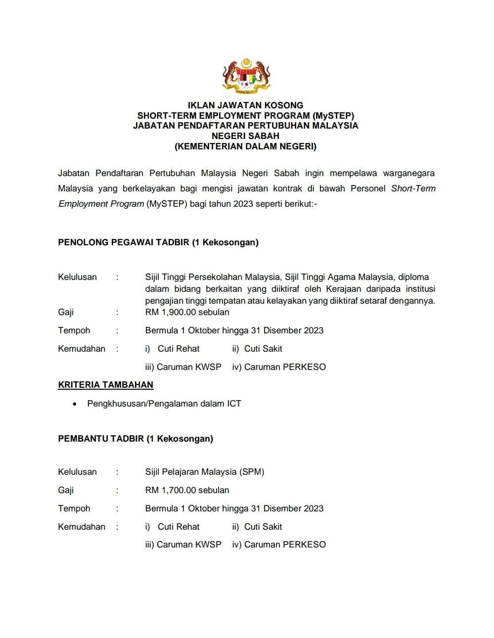 Iklan Jawatan Jabatan Pendaftaran Pertubuhan Malaysia (JPPM) » Jobs Hub