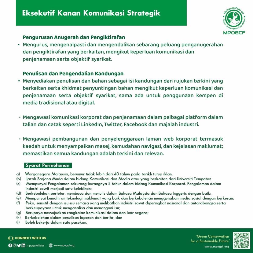 Iklan Jawatan Malaysian Palm Oil Green Conservation Foundation MPOGCF Jobs Hub