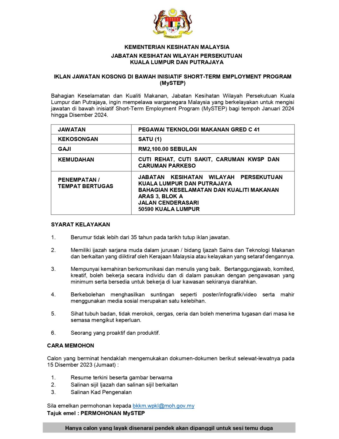 Iklan Jawatan Jabatan Kesihatan Wilayah Persekutuan Kuala Lumpur Dan Putrajaya Jobs Hub