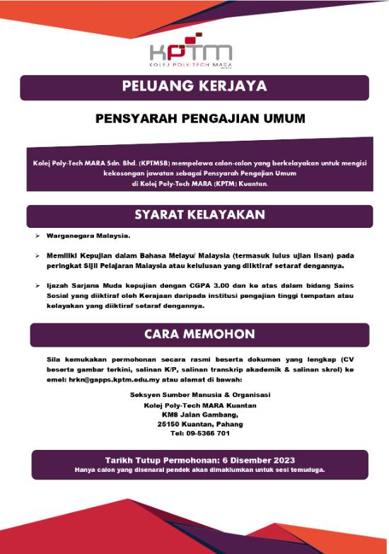 Iklan Jawatan Kolej Poly Tech Mara Kptm Jobs Hub