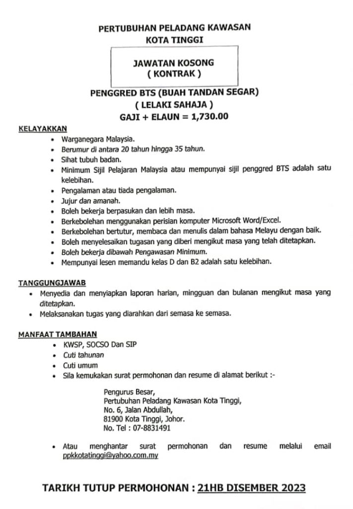 Iklan Jawatan Pertubuhan Peladang Kawasan Kota Tinggi Jobs Hub