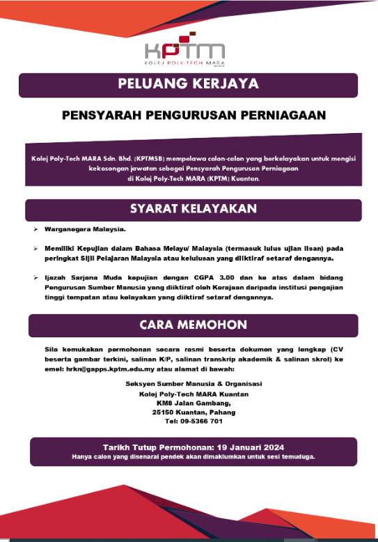 Iklan Jawatan Kolej Poly Tech Mara Kptm Jobs Hub