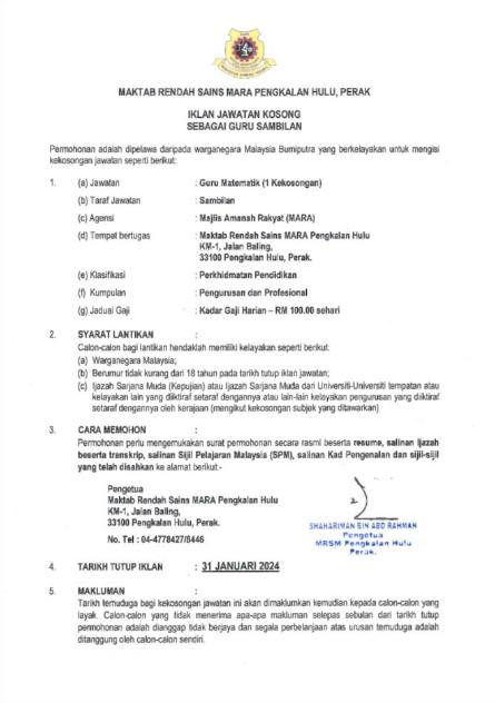 Iklan Jawatan Maktab Rendah Sains MARA (MRSM) Pengkalan Hulu » Jobs Hub